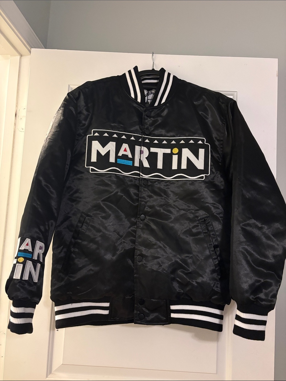 Martin Black Satin Varsity Bomber Jacket
